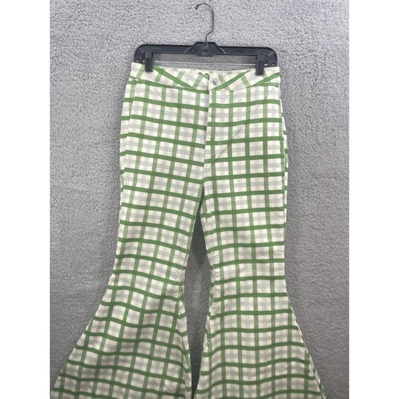 New Free People Float on Flare Green Plaid High Rise Wide Leg Flare Jeans - Picture 3 of 6